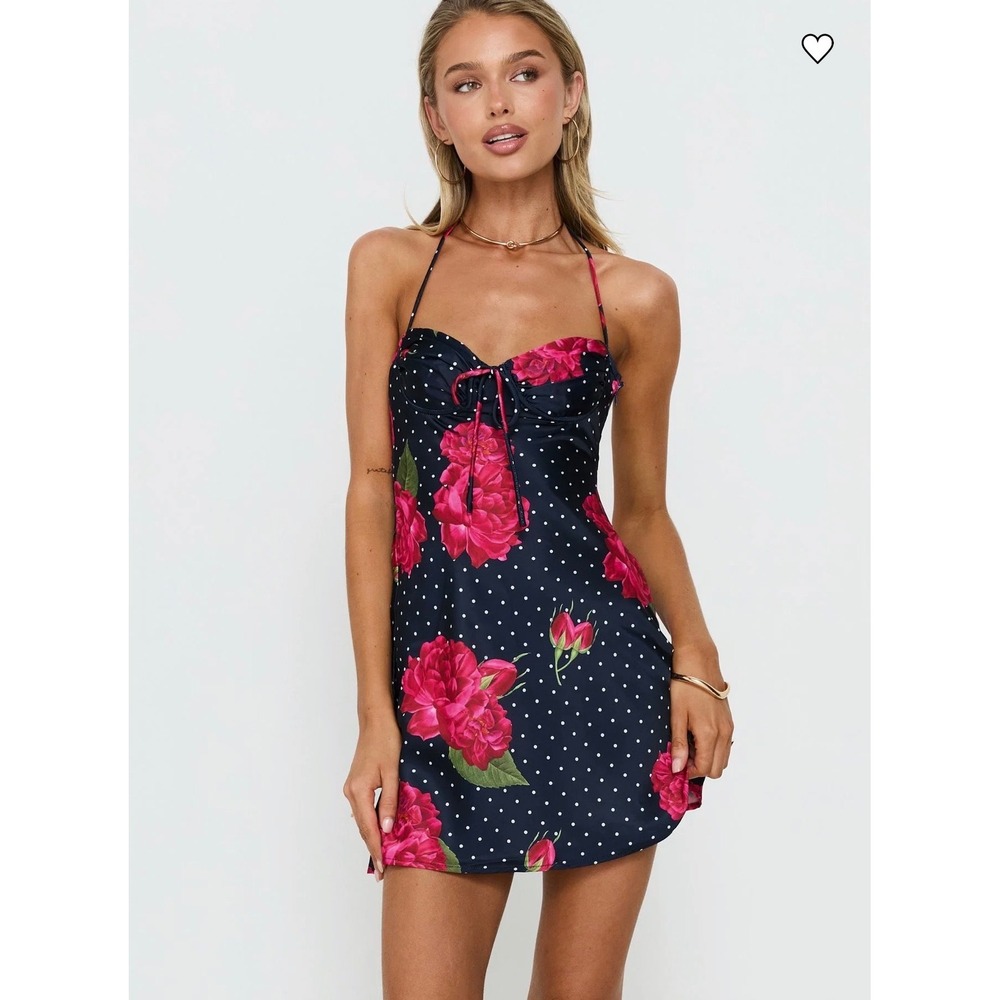 Princess Polly Avabelle Halter Mini Dress Women Size 2 Black Floral Polka Dot
